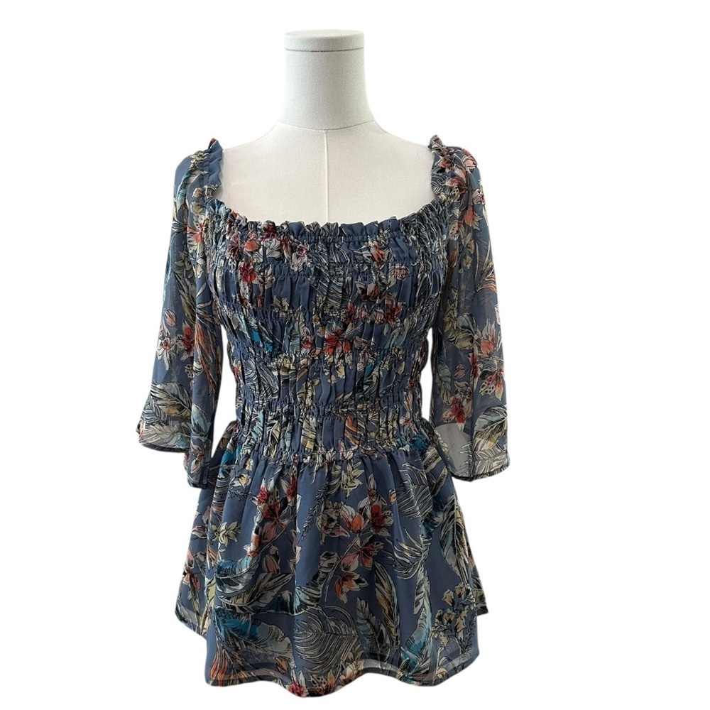 Women's Small Blue Floral Fitted Bodice Fairy Flowy Festival Flare Sleeve Blouse